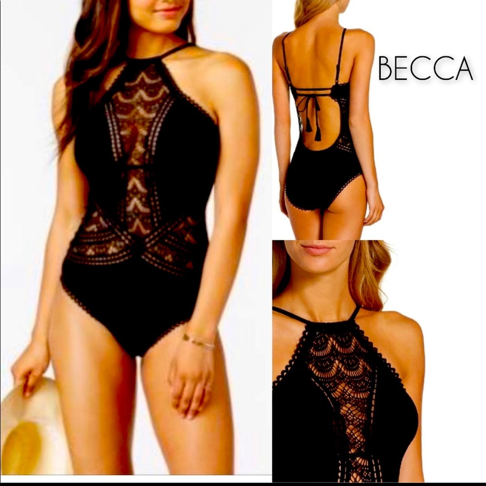 New with tags BECCA one piece crochet black.